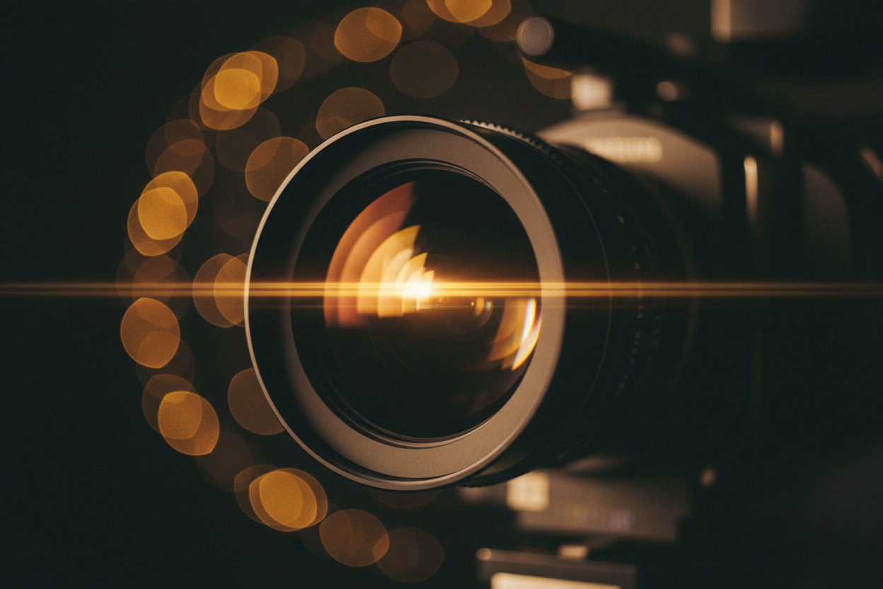 Cinematic camera lens in warm studio light